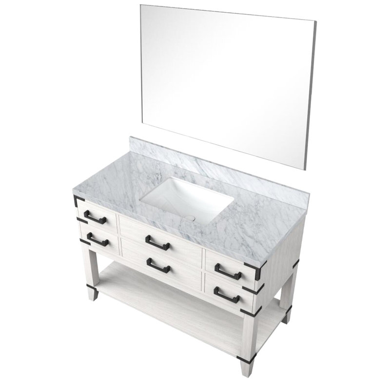 48 po De salle de bain simple en chêne blanc avec plateau en marbre, 46 miroirs, cinq tiroirs et fonction de fermeture en douceur avec tablette ouverte pour le rangement
