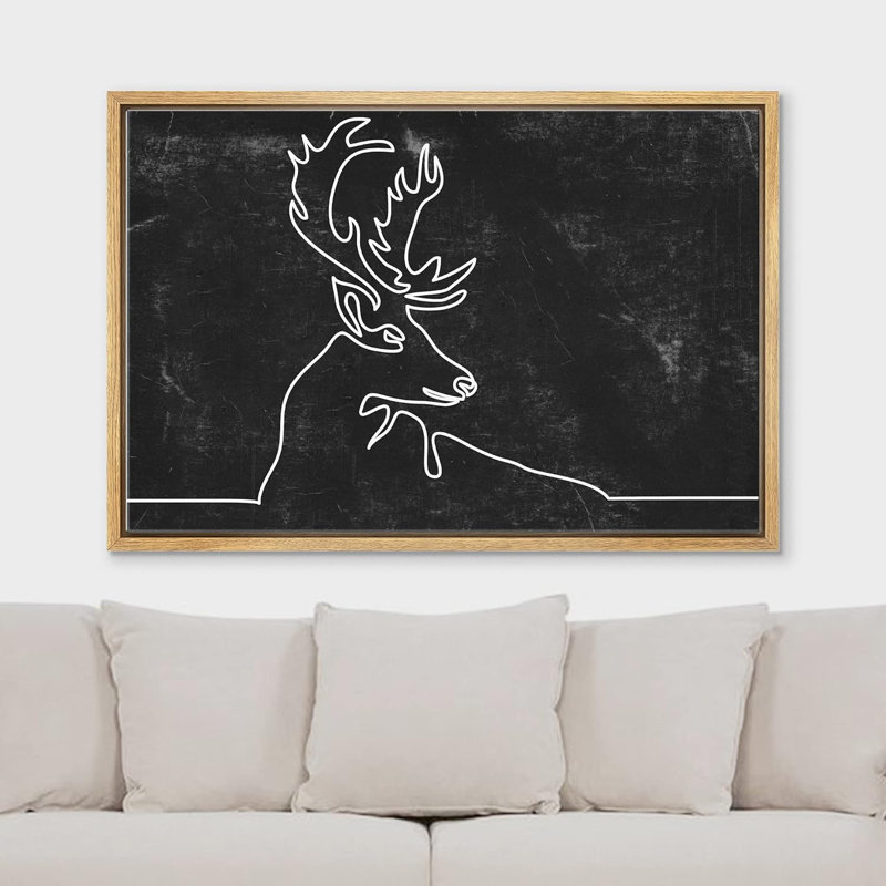 Dessin au trait élan avec cornes, illustrations abstraites minimaliste contemporain noir et blanc foncé, H 16 po x l 24 po