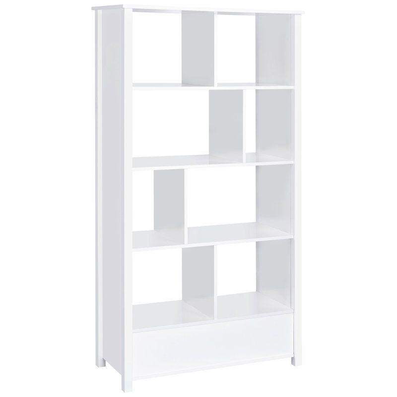 Étagère à 4 tablettes blanche ultrabrillante pour livres avec verre courbé et compartiment inférieur, zones de vie principales convenables comme paravent, tiroir de rangement supérieur de bibliothèque de 35,5 pouces de largeur, paravent utilisé