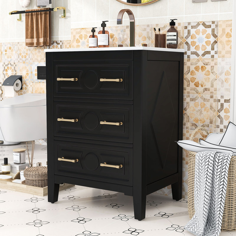 Meuble-lavabo compact avec lavabo en céramique et 3 tiroirs de rangement, Black