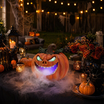 Halloween Pumpkin Fog Decoration with Lighted Face, Spooky Tabletop Mist Effect Decor