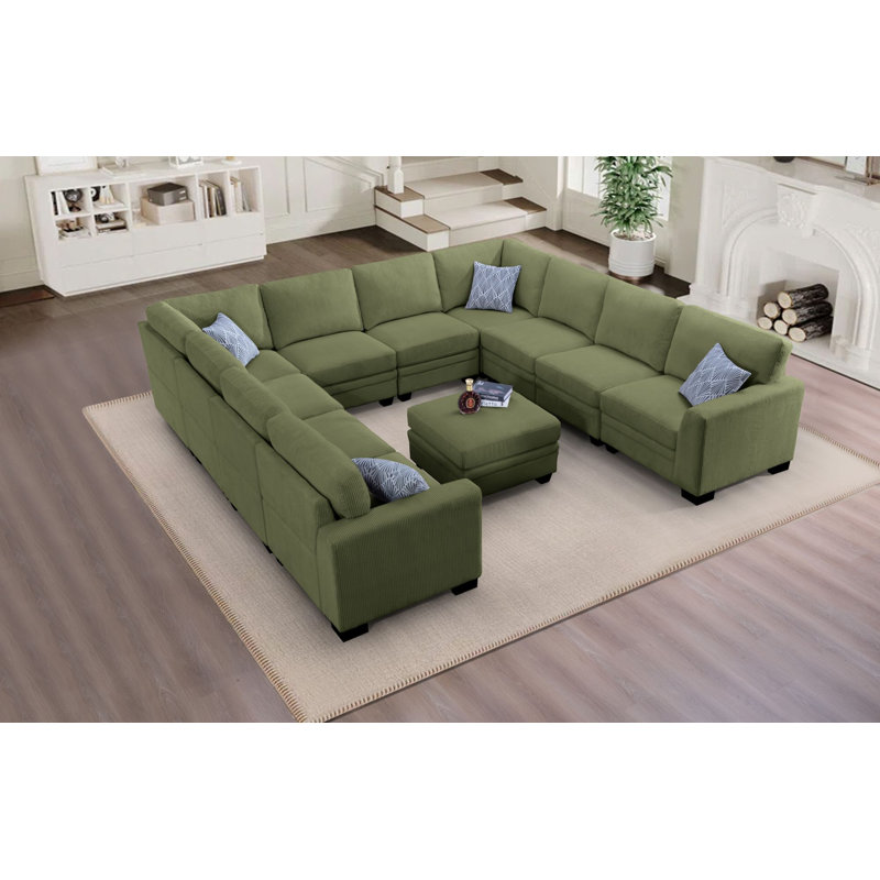 Corduroy U-Shaped Sectional Symmetrical, Green Corduroy