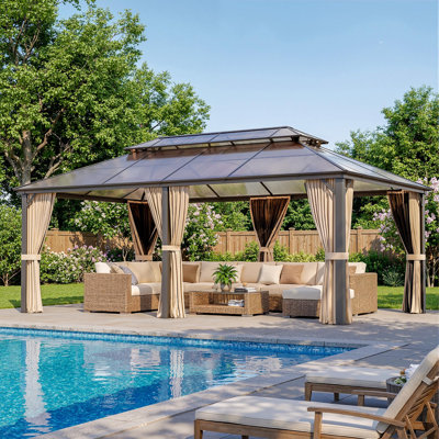 20 ft. W x 12 ft. D Heavy-Duty Aluminum Gazebo with Polycarbonate Double Roof, Hardtop Outdoor Canopy for Patio Deck with Curtain & Mosquito Netting
