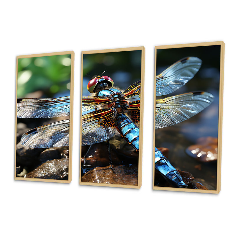 «Blue Fluttering Dragonfly I», art mural libellule, H 28 po x l 36 po, Cadre flottant brun