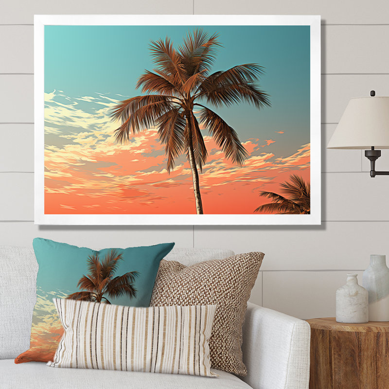 Palmier au coucher du soleil sur toile, H 12 po x l 20 po x P 1 po, Cadre photo blanc