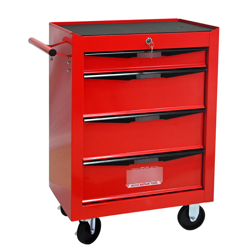Armoire à outils roulante en métal, 4 tiroirs avec glissières à roulement, rouge et noir, surface de rangement supplémentaire pour rangement de 20 po, roues universelles pour armoire, 2 freins de stationnement, poignée à tirer