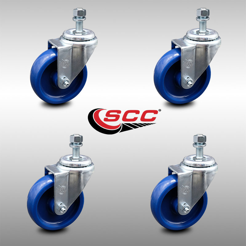 4 Inch SS Solid Polyurethane Wheel Swivel 12mm Threaded Stem Caster Set SCC