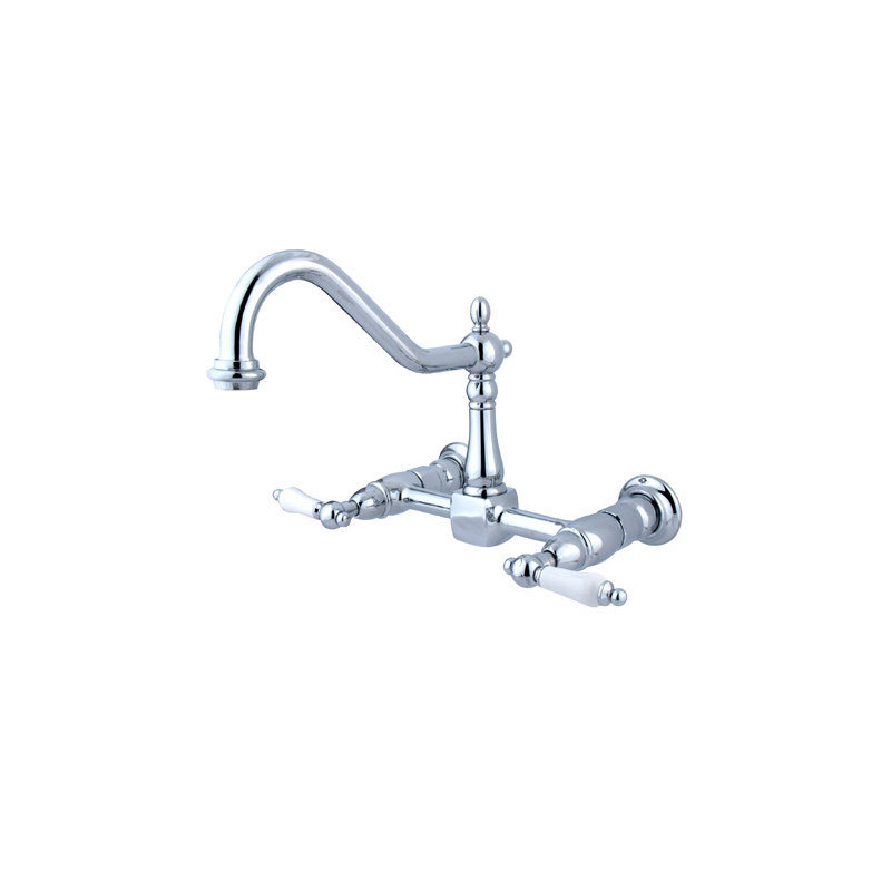 Heritage Double Handle Wall Mount Bridge Kitchen Faucet with Porcelain Lever Handles and Side Spray, Polished Chrome