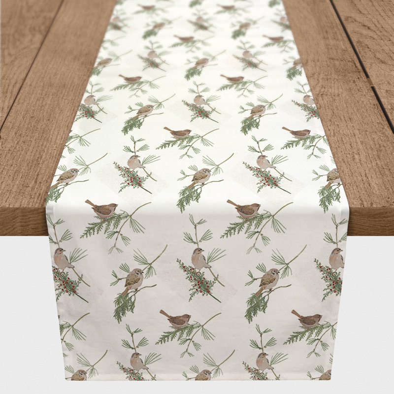 Pine Birds On White Table Runner, 72" x 16", White