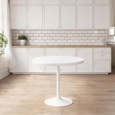Table de salle à manger ronde pour quatre avec finition blanche, acier et bois massif, table de cuisine compacte de 36 pouces
