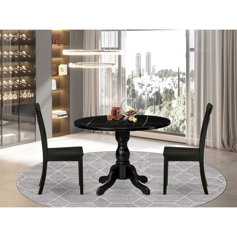 L'ensemble de table contient une table ronde et 4 chaises de salle à manger modernes en bois de style Mid-Century avec dossier en X - Noir brossé