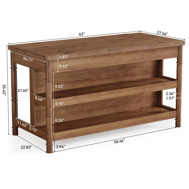 Solid Wood Farmhouse Kitchen Island with 2 Open Storage Shelves, Brown, White