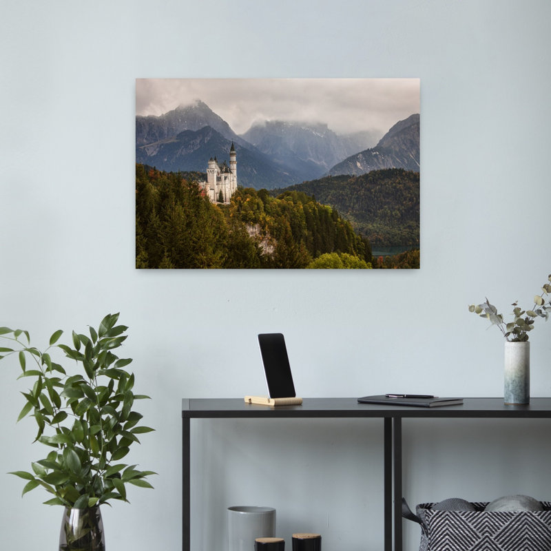 Fairytale Mountain Castle Dramatic Abstract Contemporary Autumn Forest Wall Art Print 1 Piece Wrapped Canvas Wall Art
