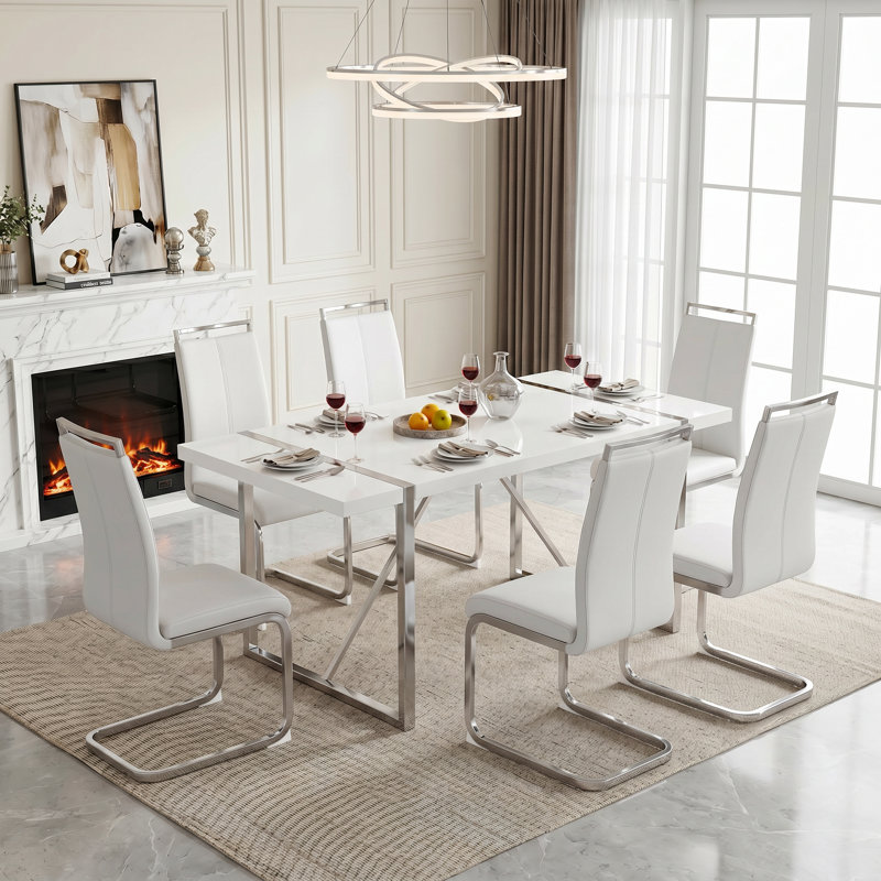 Ensemble de salle à manger 71 "rectangulaire moderne avec base géométrique en métal et chaises en porte-à-faux en similicuir