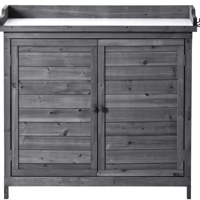 39" Outdoor Wood Potting Bench, Grey Rustic With 2 Shelves, Side Hooks And Finish Bench Table, Fir Construction