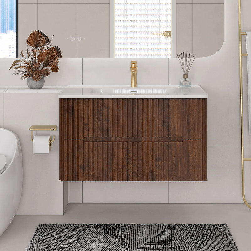 36'' Wall Mounted Single Bathroom Vanity With Ceramic Top