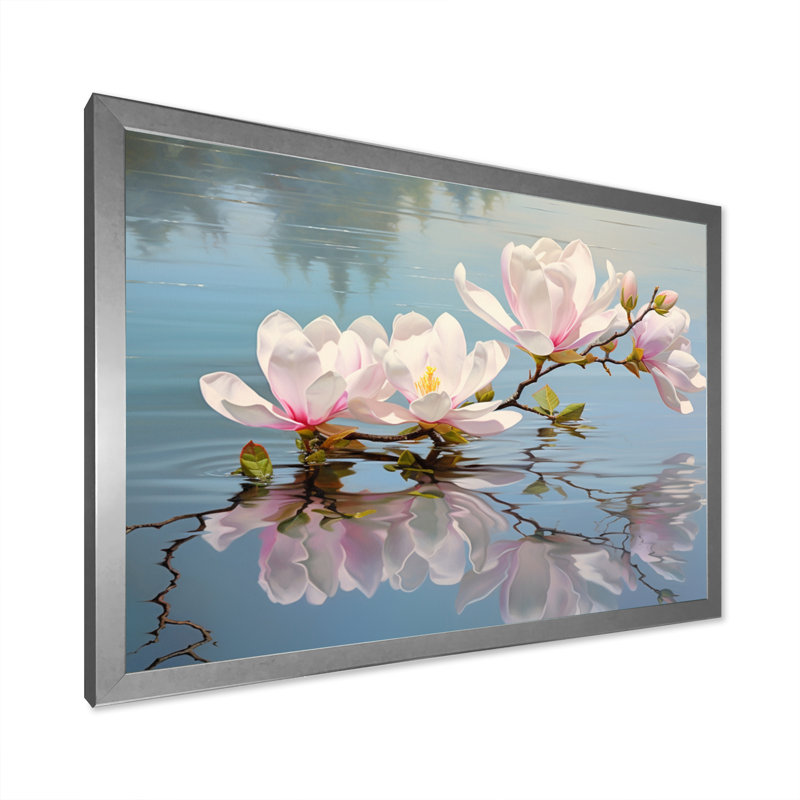 «White Gray Magnolias Magnolia Reflections II», reproduction sur toile encadrée, Cadre simple argenté