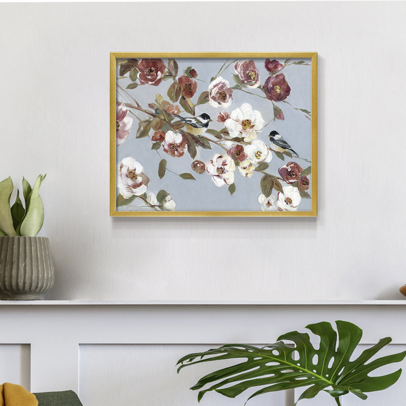 Chickadees and Blossoms II - Reproduction encadrée - Restickable, H 16 po x l 20 po