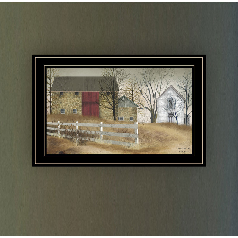 «Old Stone Barn» par Billy Jacobs - Reproduction d'art sur papier encadrée, Cadre noir, H 15 po x l 21 po x P 1 po