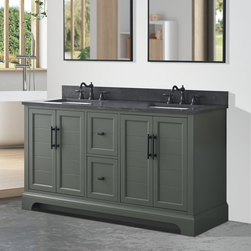 Ensemble de meuble-lavabo autoportant 60 po avec plateau en pierre noire Komarek, Vert rétro