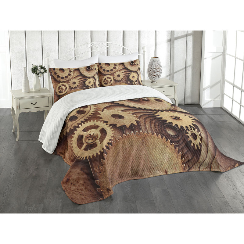 Ambesonne Industrial Bedspread Set Clocks Gears Cinnamon, King Bedspread + 2 Standard Shams
