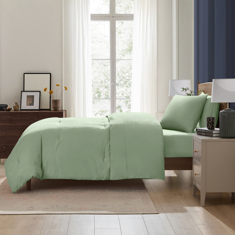 Ensemble d'édredon en microfibre 5 pièces avec draps, Vert sauge, Édredon simple + 4 pièces supplémentaires