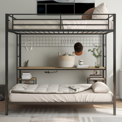 Lit superposé compact avec bureau, ports de chargement, rangement et barrières de sécurité pour petits espaces Tablettes multifonctionnelles Quiet Structure