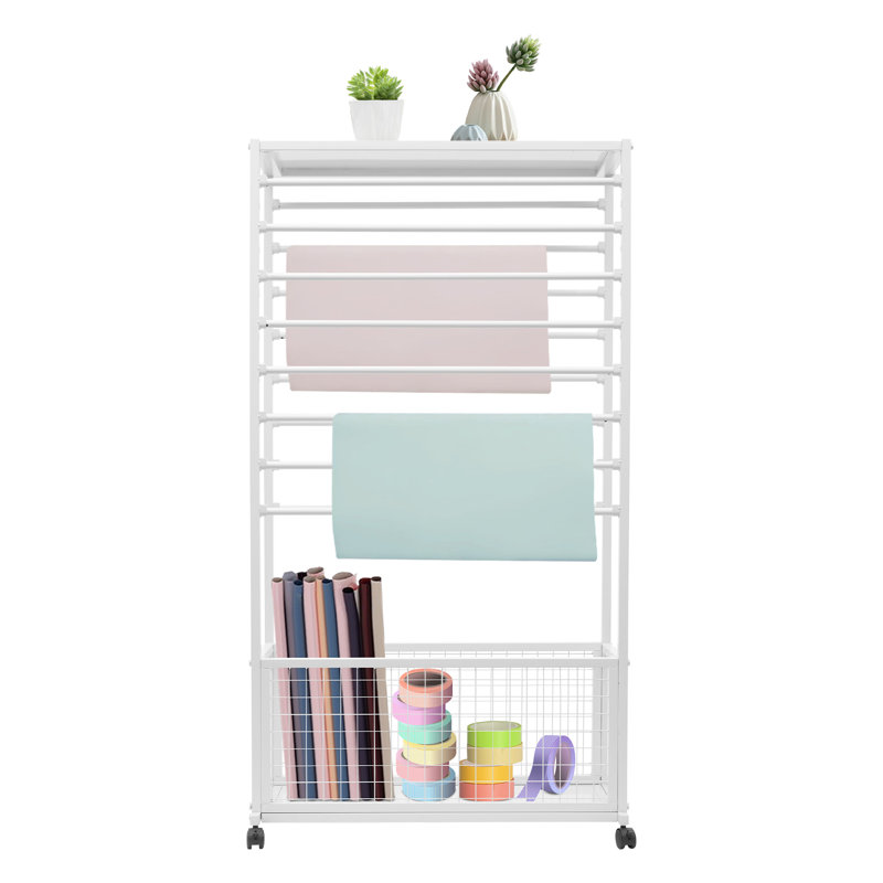 16-crossbar Ribbon Rack Metal Large Capacity Double-sided Scarf Ribbon Stand With Wheels, White