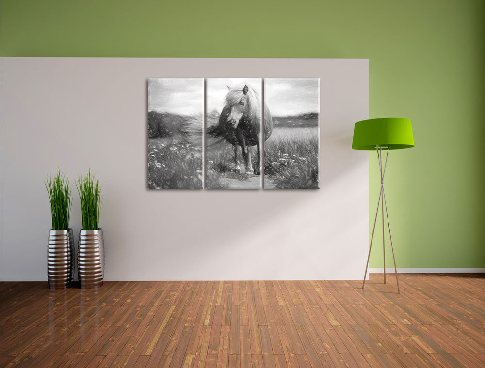 3-tlg. Leinwandbild-Set „Shetlandpony auf der Wiese“, Kunstdruck