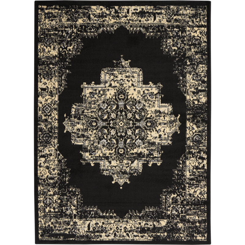 Burnie Oriental Black/Cream Area Rug, Rectangle 7'10" x 9'10"