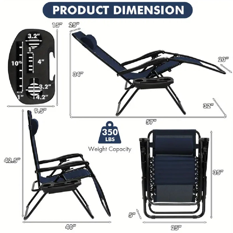 2PC Folding Zero Gravity Reclining Lounge Chairs Beach Patio W/Utility Tray, Navy Blue