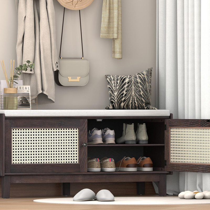 Banc d'entrée en rotin avec rangement Boho, Espresso