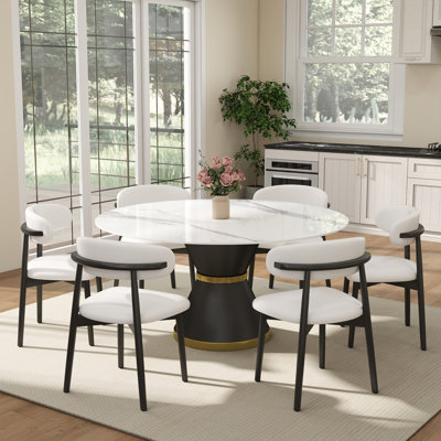 7-Piece Modern Round Sintered Stone Dining Table Set With 8 PU Leather Chair