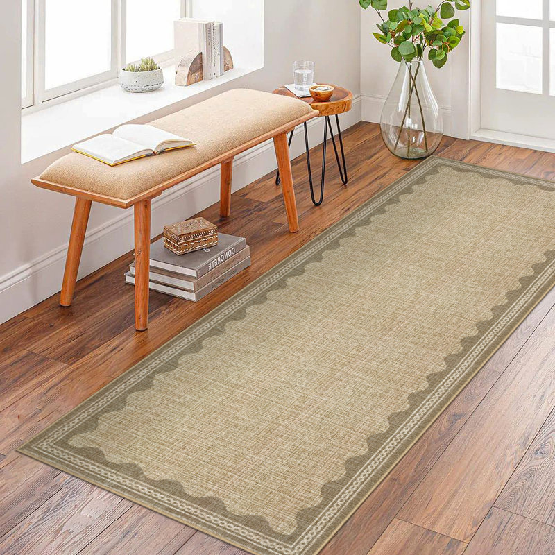 Scalloped Machine Washable Rug Modern Solid Floor Mats with Non-Slip Backing, Stain-Resistant Low Pile Accent Rug, Contemporary Indoor Carpet for Living Room, Bedroom, Office