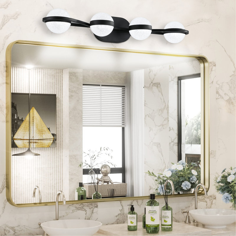 (Identique à W1340P143677/L2001-B-4) Applique murale minimaliste noire à DEL de 76 cm (30 po) avec abat-jour en acrylique couleur sable cristallin, luminaire décoratif à 4 lumières, convient aux miroirs de salle de bain.
