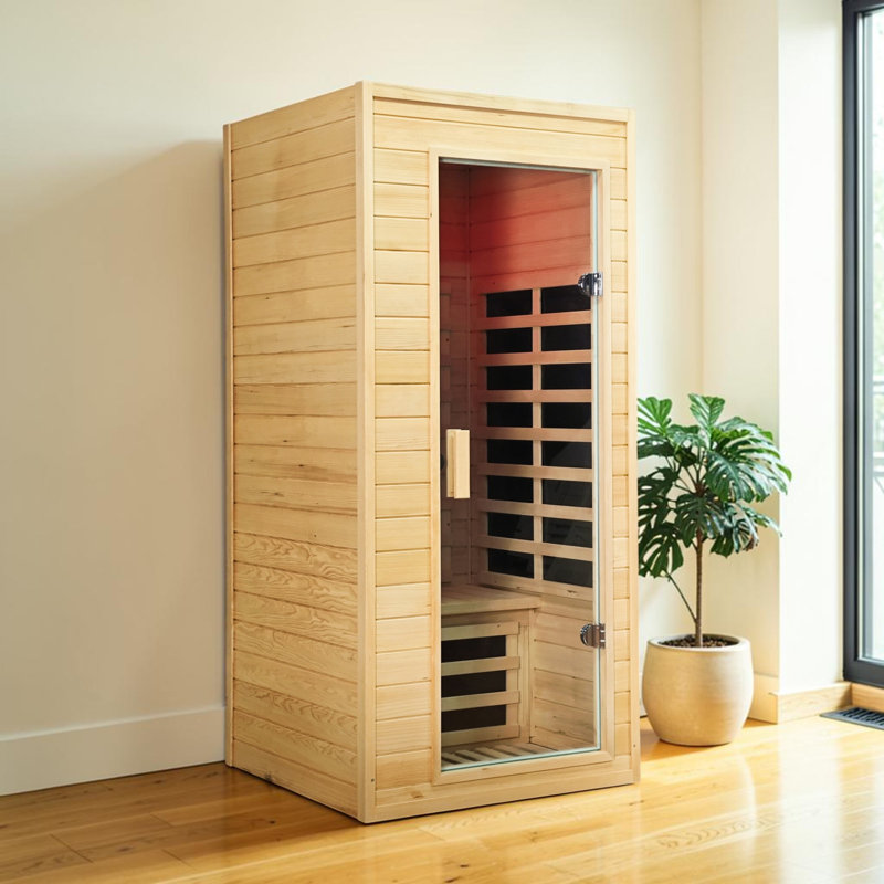 Sauna d'intérieur KISRAIS pour une personne, infrarouge lointain et à faible champ électromagnétique, avec lampe de lecture DEL, lumière rouge, minuterie et haut-parleurs Bluetooth. Fabriqué en pruche du Canada.