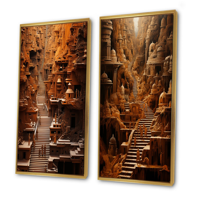 Hindouisme Yatras Sandalwood Steps - Ensemble de 2 décorations murales de l'hindouisme, Encadrement doré, H 40 po x l 41 po