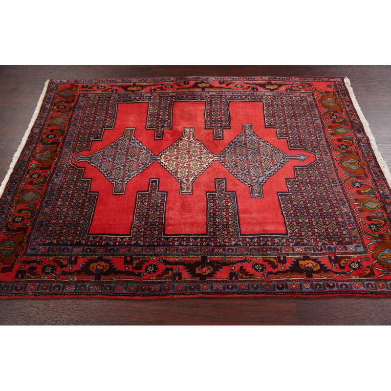 Tapis décoratif en laine de conception unique noué à la main New Age Bidjar rouge 4 pi 4 po x 5 pi 5 po