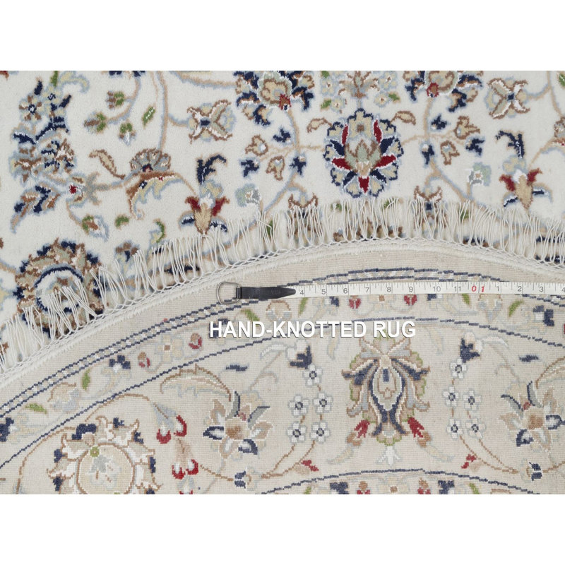 Tapis oriental rond noué à la main 5 pi 2 po x 5 pi 2 po Nain avec motif floral, laine et soie, 250 KPSI