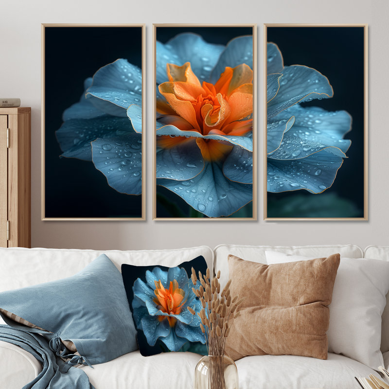 Ensemble de décorations murales délicates orange et bleu, Toile naturelle avec cadre flottant, H 40 po x l 60 po x P 1 po