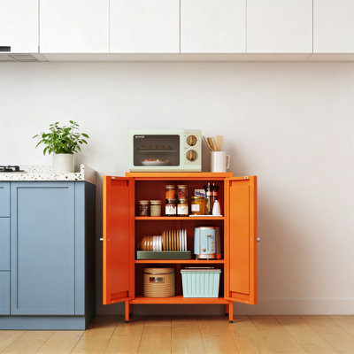Small Display Cabinet With 2 Metal Doors And 2 Shelves, Shallow Bookcase