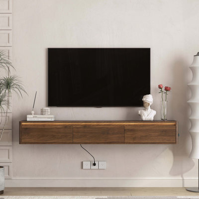 Meuble télé flottant, meuble télé mural avec lumières DEL et prise de courant, meuble télé ultrabrillant pour meuble télé de salon