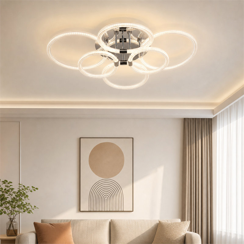 Plafonnier moderne DEL en acrylique à 6 anneaux, lampe encastrée à intensité variable avec télécommande, 6 têtes d'éclairage pour la maison et le bureau