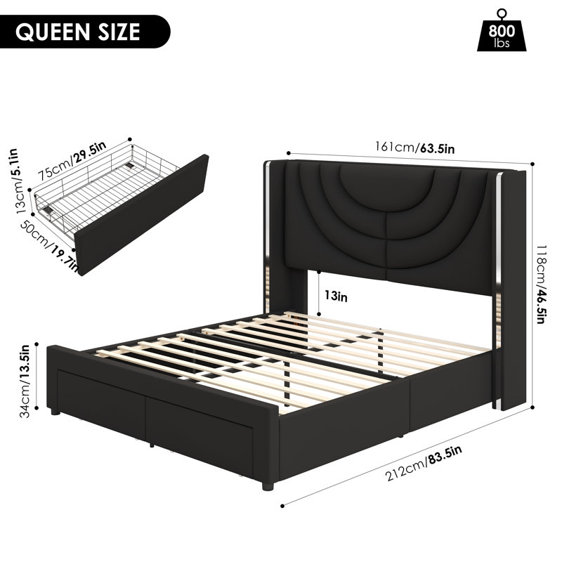 Sturminster Velvet Upholstered Wingback Storage Bed, Wall Wash LED Light Headboard, Black, Queen