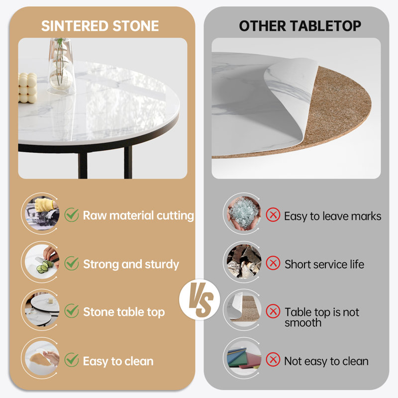 Sintered Stone Top Nesting Coffee Table Set, White, 18" H x 24" L x 24" W