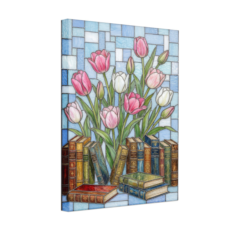 Plantes et fleurs, tulipes, livres, vitrail, art