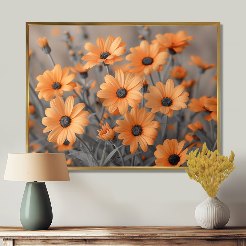 Daisy Fields I - marguerite jaune jaune noir, Cadre flottant brun, H 30 po x l 40 po