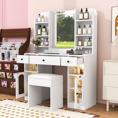 Makeup Vanity Set with Adjustable LED Mirror, Drawers, Shelves and Charging Station