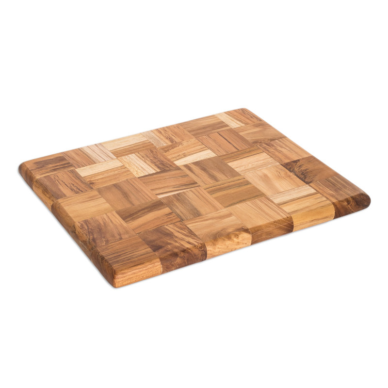 Rectangular Mosaic Teak Wood Cutting Board with Inlay Accents
