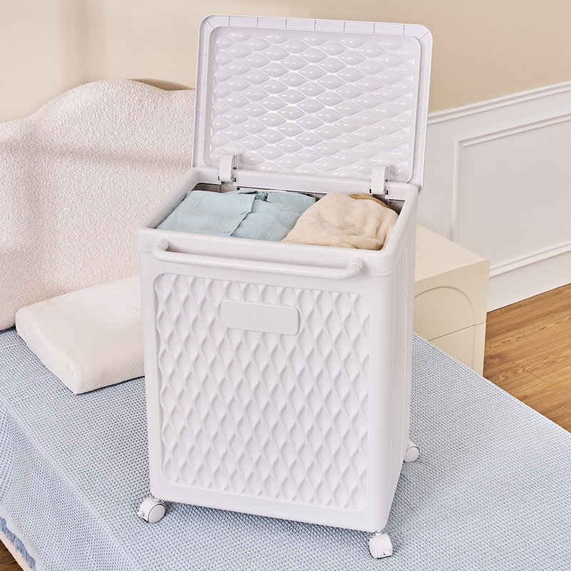 Grand panier à linge avec roulettes et couvercle, panier à linge en plastique avec poignée, bac à linge roulant pour la chambre à coucher, la salle de bain, le dortoir ou la salle de lavage